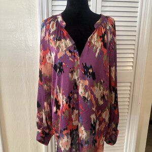 Hazel Floral Blouse Women’s XL Black Purple Long Sleeve Boho Top Career Artsy